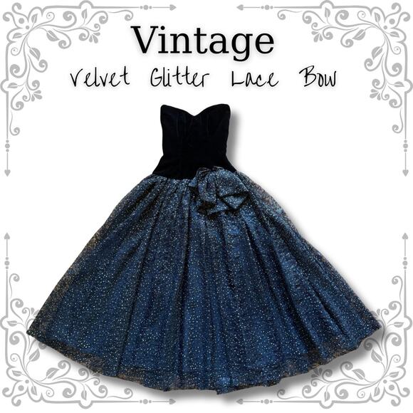 Vintage 80s Glitter Lace Prom Black Dress Velvet WhimsyGoth Celestial Punk Alt - Picture 1 of 13